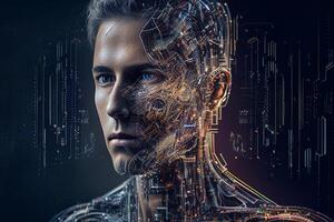 man head with brain and circuit board, photo