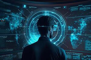 Rear view of businessman looking at virtual panel with graphs and diagrams photo
