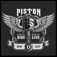 Piston and Wings Black and White Emblem Vector Illustration