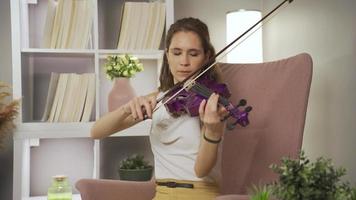 getalenteerd violist jong vrouw spelen de viool. muziek- geest. violist vrouw spelen viool Bij huis shows haar talent en voelt gelukkig en vredig terwijl spelen viool. video