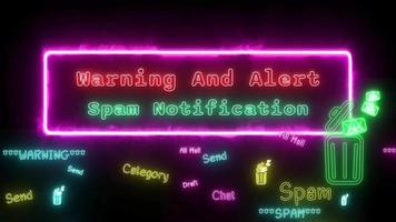 Warning and alert spam notification Neon red-green Fluorescent Text Animation pink frame on black background video