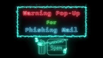 warning pop-up for phishing mail Neon red-blue Fluorescent Text Animation blue frame on black background video