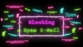 blocage Spam email néon vert-rose fluorescent texte animation rose Cadre sur noir Contexte video