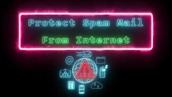 protect spam mail from internet Neon green-blue Fluorescent Text Animation pink frame on black background video