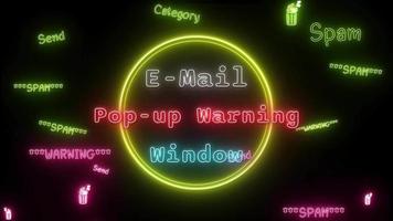 e-post dyka upp varning fönster neon röd-blå-vit fluorescerande text animering gul ram på svart bakgrund video