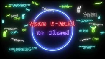 spam posta nel nube neon Rosso & blu fluorescente testo animazione blu telaio su nero sfondo video