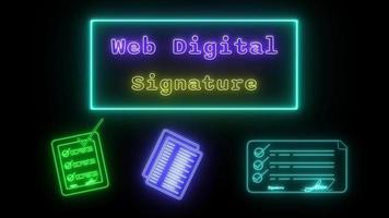 web digital firma neón amarillo azul fluorescente texto animación azul marco en negro antecedentes video