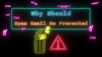 perché dovrebbero spam e-mail essere prevenuto neon arancio-blu fluorescente testo animazione blu telaio su nero sfondo video