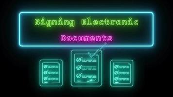 signering elektronisk dokument neon grön-rosa fluorescerande text animering blå ram på svart bakgrund video