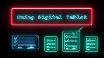 Using digital tablet Neon blue Fluorescent Text Animation red frame on black background video