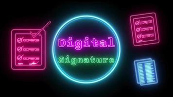 Digital Signature Neon pink-green Fluorescent Text Animation blue frame on black background video