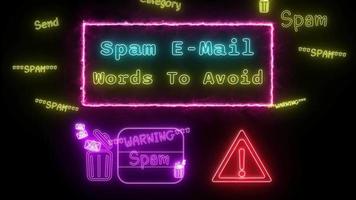spam email words to avoid Neon yellow-blue Fluorescent Text Animation pink frame on black background