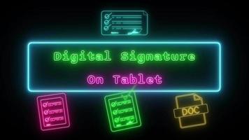 electrónico firma en ordenador portátil neón rojo azul fluorescente texto animación rojo marco en negro antecedentes video