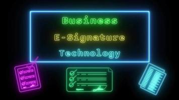 Business Esignature technology Neon green-blue Fluorescent Text Animation blue frame on black background