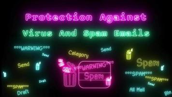 protection contre virus et Spam courriels néon vert-rose fluorescent texte animation sur noir Contexte video