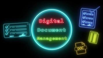 digital document management Neon red-green-blue Fluorescent Text Animation blue frame on black background video