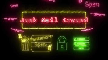 junk mail around Neon red Fluorescent Text Animation yellow frame on black background