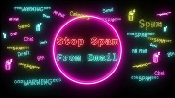Arrêtez Spam de email néon rouge Bleu fluorescent texte animation rose Cadre sur noir Contexte video