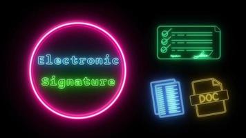 elettronico firma neon verde blu fluorescente testo animazione rosa telaio su nero sfondo video