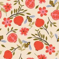 Seamless pattern with pomegranates, flowers and wasps. Vector graphics.