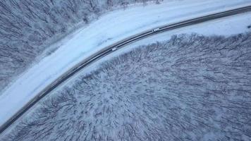 aérien vue sur voiture conduite par hiver forêt route. scénique hiver paysage video