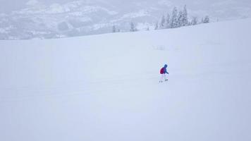 vuelo terminado el solitario turista niña caminando a lo largo el parte superior de un montaña cubierto con nieve. incómodo antipático invierno clima. video