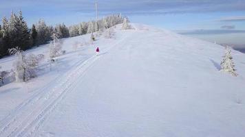 flyg över de ensam turist flicka gående längs de topp av en berg täckt med snö. obekväm ovänlig vinter- väder. video