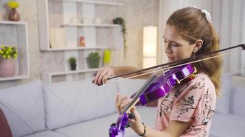 inspirador elegante mujer jugando violín. joven músico mujer jugando su violín a hogar, composición canciones, productor. video