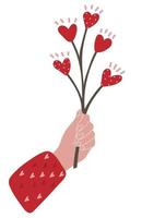 mano dibujado humano mano participación ramita con corazón conformado flores vector