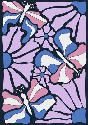 Abstract retro poster with butterflies and flowers in naive style