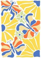 Abstract retro poster with butterflies and flowers in naive style vector