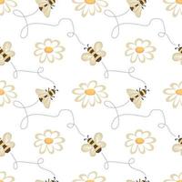 Seamless pattern with honey bees and daisies vector