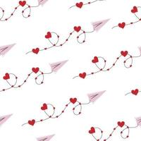 Seamless pattern of paper plane with hearts on white background vector