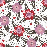 Seamless pattern of flowers, hearts and polka dots on white background vector
