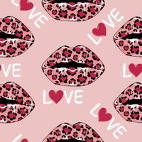 Seamless pattern of  woman's lips with leopard print and love text on pink background vector