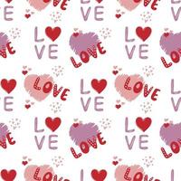 Seamless pattern of hearts and love text on white background vector