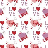 Seamless pattern of hearts and love text on white background vector