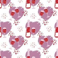 Seamless pattern of hearts, wine bottles and wineglases on white background vector