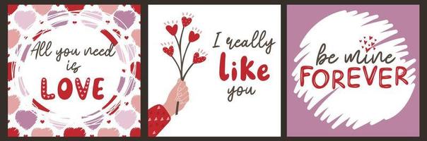 Set of hand drawn templates greeting cards with romantic objects and quotes vector