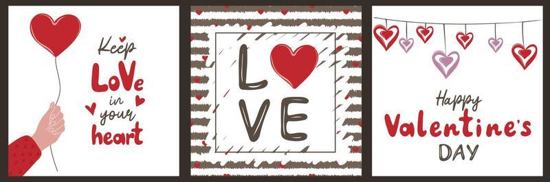 Set of hand drawn templates greeting cards with romantic objects and quotes