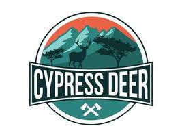 Cypress tree deer outdoor adventure badge logo vector