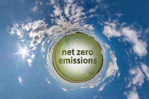 net zero emissions text concept image against green tiny planet in blue sky with beautiful clouds photo