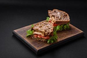 Delicious sandwich with crispy toast, chicken, tomatoes and lettuce photo