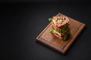 Delicious sandwich with crispy toast, chicken, tomatoes and lettuce photo