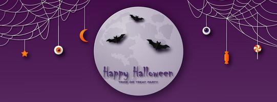 Happy Halloween greeting card in paper cut style. Moon, bats and cobwebs on a purple background. vector