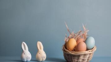 Happy Easter Day background and backdrop, cute bunny rabbit, ornament, and colorful egg, copy space greeting and backdrop, banner, rustic vintage design material. Celebrate Easter. photo