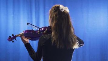 jovem mulher jogando violino em estágio. música salão, ópera. talentoso conservatório estudante, violinista mulher jogando violino em estágio. video