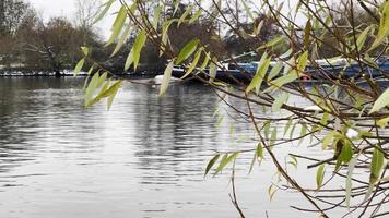 un barco es paso en río en frankfurt Alemania video