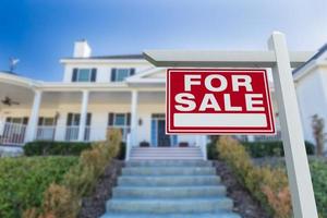 For Sale Real Estate Sign in Front of New House. photo