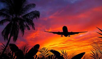 pasajero avión en Acercarse para aterrizaje con hermosa puesta de sol y tropical arboles y plantas. foto